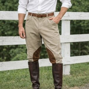 Men's Tan Riding Pants with Brown Leather Accents English Style Horseback Riding